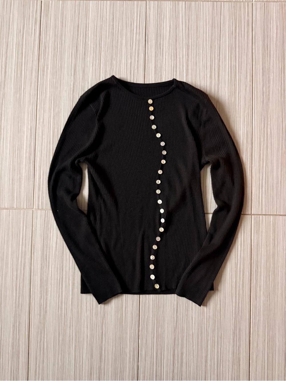 Black Ribbed Knit Top with Curved Pearl Buttons